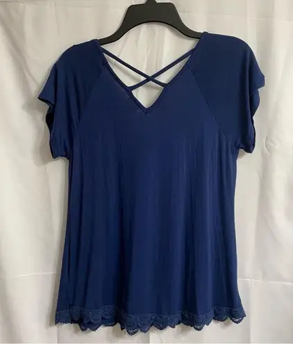 Elle Blue Small Lace Hem Short Sleeve Top Crisscross Festival Summer Backless