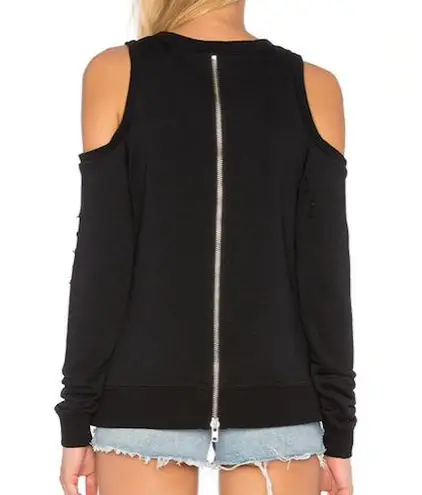 Central Park West New Distressed Cold Shoulder Zip Back Los Feliz Sweatshirt Black