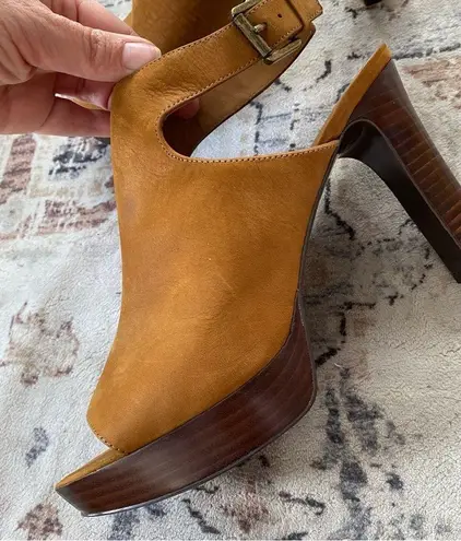 Ralph Lauren Platform Heels Sling back Peep toe Brown Leather Heels 9.5 NEW Tan