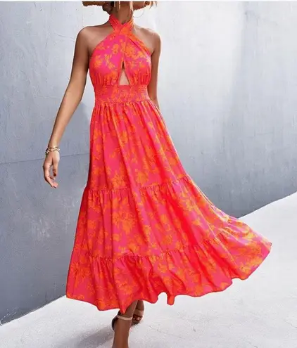 Flora Bea Floral Frasier Cross Halter Backless Flowy Pleated Maxi Dress M Orange Size M