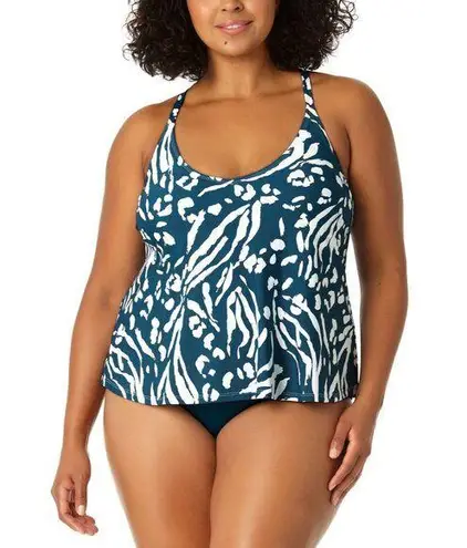 Anne cole Plus Size Jungle Fever Easy Triangle Tankini Top Floral Teal Blue 18W