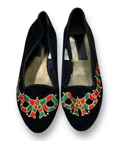 Vintage Haband Black Velvet Flats Festive Embroidered Red Green Gold Bow Size 6M Black