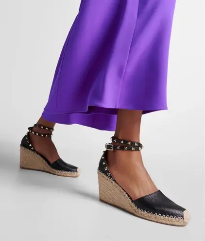 Valentino Garavani Valentino Rockstud double orange leather espadrille wedge sandal size IT 36 US 6