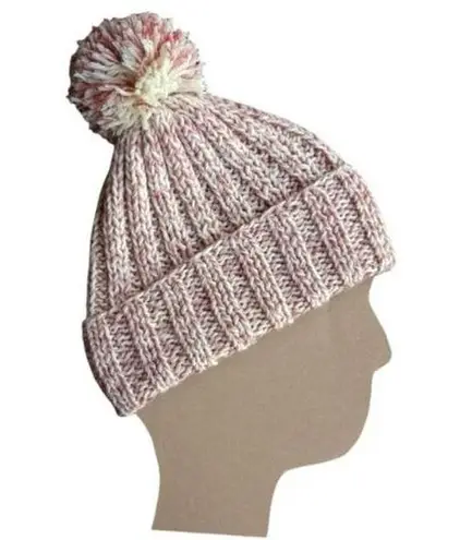 Handmade Chunky Soft Pink and White Beanie With Pompom Warm Hat Wool Knit Cap 