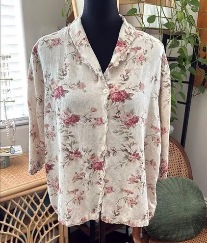 Vintage 90s Casey & Max Beige Dusty Rose Linen Blend Scallop Trim Button Up Top Size XL