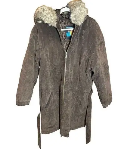 wilson's leather WILSONS ADVENTURE BOUND Suede Leather Coat Fur Trim Hood Sz L Womens - Image 1