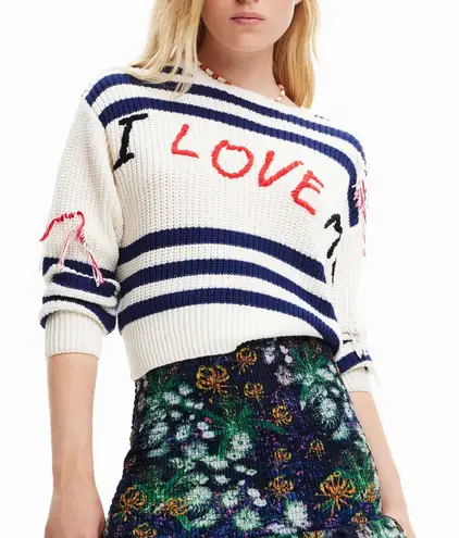 Desigual Blue and White Striped Chunky Knit Graphic Embroidered Sweater