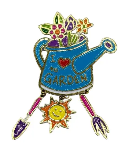 I Love to Garden Enamel Brooch Pin | Colorful Watering Can Flower Charm Pin Blue