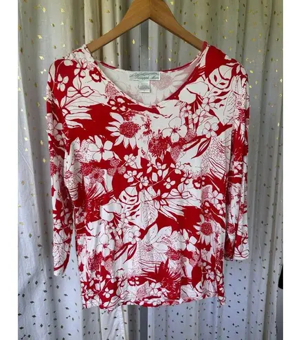 Pineapple Moon Hawaiian Aloha Tropical Floral Quarter Sleeve Silky Top L Red Size L