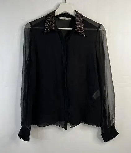Chloé Chloe Size S 4 Blouse Black Semi Sheer Button Up Metallic Copper Sequin Collar