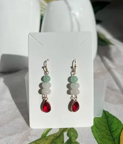 Ruby Earrings, Chrysoprase White Jade, Bead Dangle Drop Earrings, Boho, Casual Red