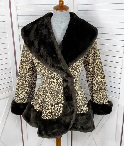 Newport News Vintage Embossed Faux Fir Trim Leather Princess Swing Coat Small