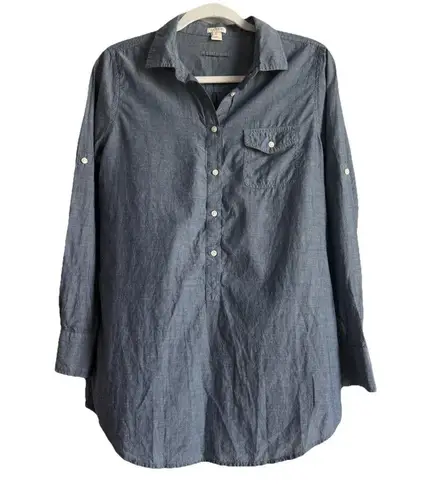 J.CREW Women’s Chambray Half Button Down Popover Shirt Rolled Tab Sleeves Size S Blue