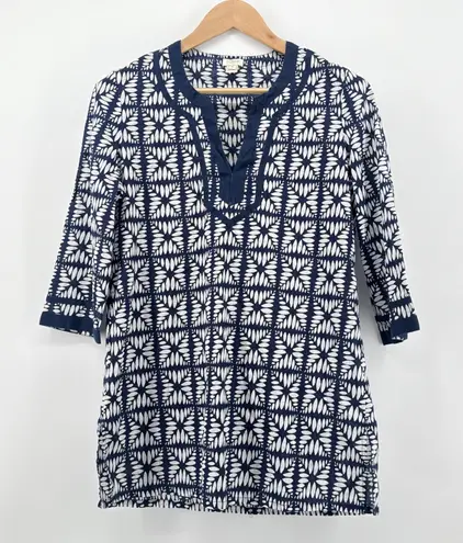 J.Crew Navy White Print V Neck Cotton 3/4 Sleeve Tunic Top Women's Size Medium Blue