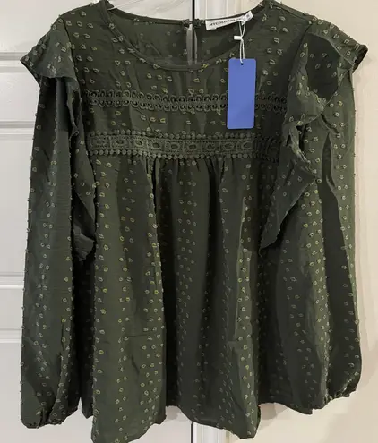 My Color Blue Boho Green Ruffles Blouse Dots Twee Casual Fall Medium