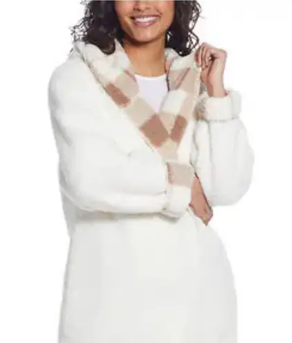 Weatherproof Beige Plaid Ivory Reversible Sherpa Hooded Cardigan S/M