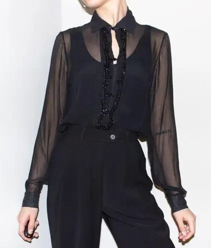 vintage 80s 90s black sheer silk beaded button shirt blouse bodysuit top