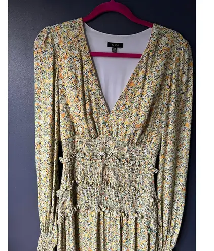 AFRM Long Sleeve Floral Midi Dress with Smocked Waist Yellow Size M