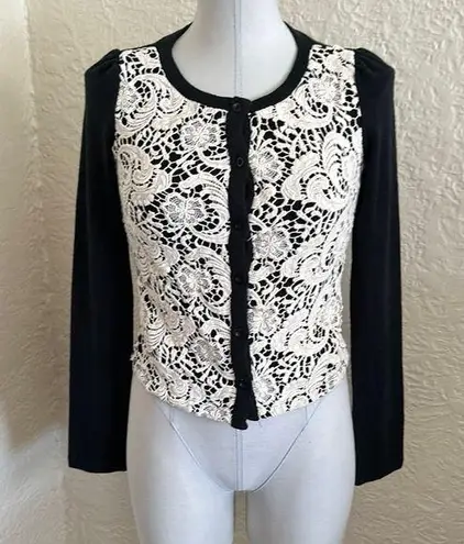 Delia’s Y2k Black Ivory Floral Crochet Puff Sleeve Cropped Cardigan Sweater XS Size undefined