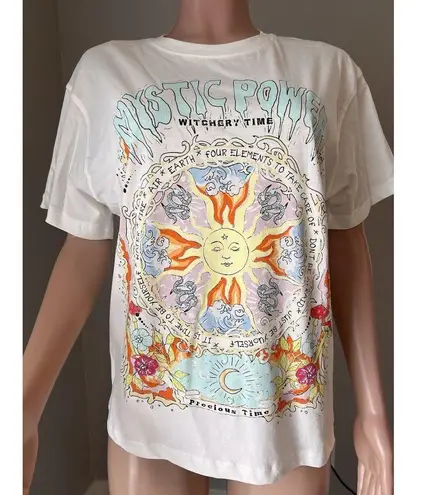 Bershka white multicolor Oversized shirt size Small "witchery time" mystic power