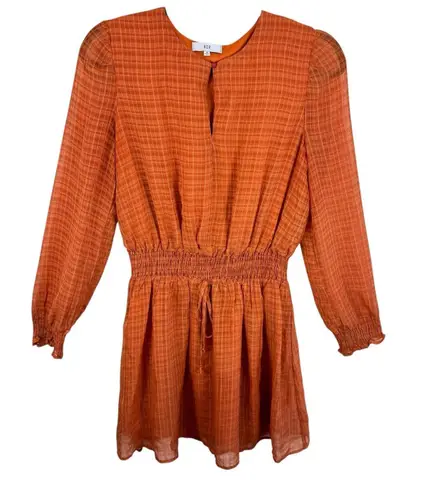 NSR Orange Plaid Long Sleeve Smocked Waist Lined Lightweight Mini Dress Size M Size M