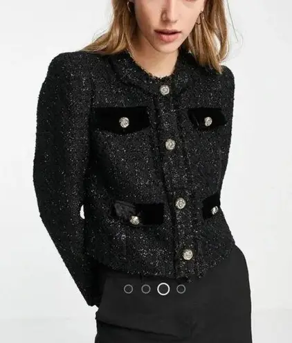 River Island Black Button Front Tweed Boucle Blazer Jacket Size 12