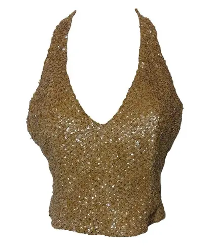 Vintage Y2K Handmade Luxury Gold Sequin Halter neck crop top sz XS