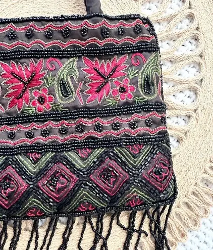 Vintage Black Satin Red Floral Top Handle Evening Bag Beaded Fringe Small Boho
