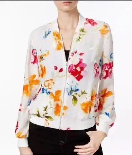 INC International Concepts White with Velvet Flowers Bomber Jacket Size L
