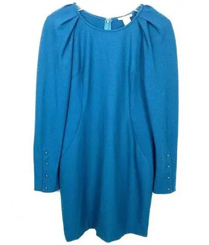 Esley  Pleated Shoulder Sheath Dress Long Sleeve Button Cuff Blue Size Medium