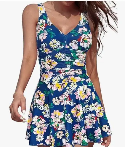 Shekini Women's One Piece Skirt Ruched Retro Swimming Dress Tummy Control nwt Blue Size L