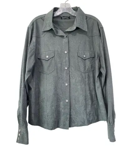 Outback Microsuede Paisley Tooled Square Pearl Snap Western Shirt Size Large Y2K Green