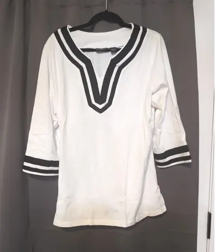 Bay Studio White & Black Stripe V Neck, Women's 1X Tunic Top, 3/4 Sleeve