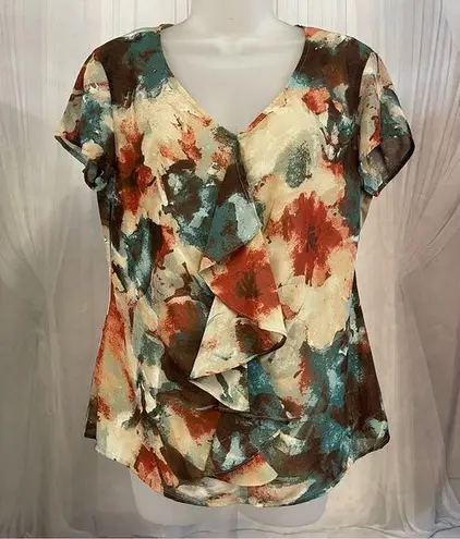 Evan Picone Orange Green Ruffled Cap Sleeve Blouse Size 10