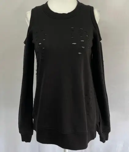 Central Park West New Distressed Cold Shoulder Zip Back Los Feliz Sweatshirt Black