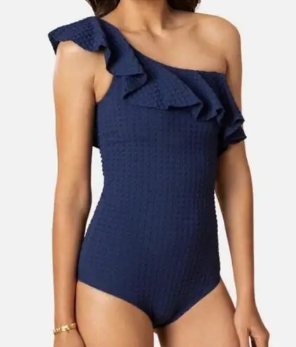 Shoshanna Swimsuit Size 4 One Piece Navy One Shoulder Ruffle Textured NWT Swim