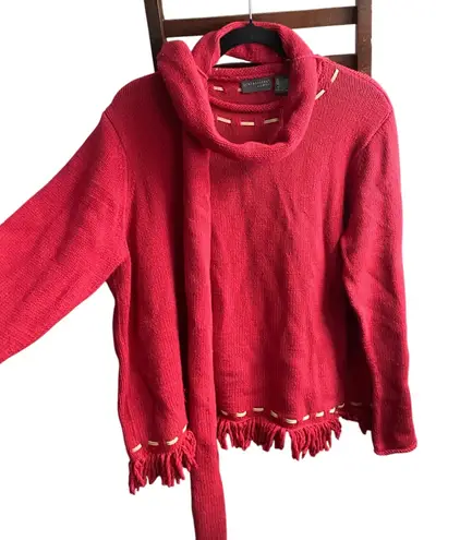 Vintage Y2K Chunky Knit Crew Neck Stitch Red Sweater Fringe Scarf 2X Cozy Winter