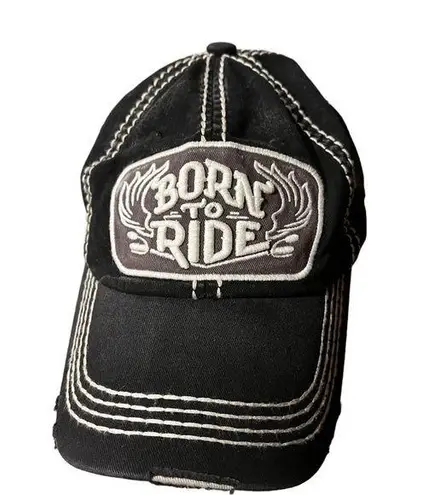 Kbethos “Born To Ride” Distressed Black Denim Cap Hat