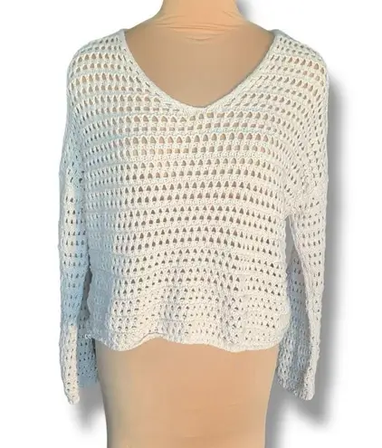 None Oatmeal Cream Crochet Cropped Knit Open-Weave Vneck Oversized Pullover Sweater