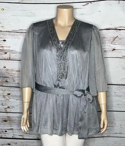Badgley Mischka American Glamour NWT 1X Gray Embellished Blouse Top w Tie Belt
