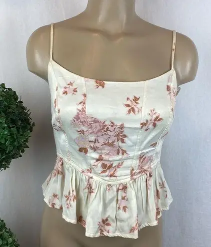 Free People  Ivory Floral Print Sleeveless Cropped Corset Peplum Boho Top XS