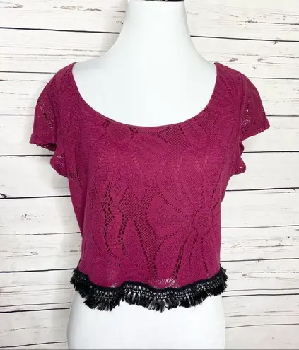 LC Lauren Conrad  Maroon Crochet Lace Crop Top w/ Black Fringe Trim Size Medium