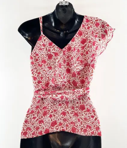 MISA Los Angeles MISA Floral Print Plunging Neck Asymmetrical Ruffle Wrap Tie Tank Blouse Red XS