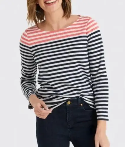 Draper James Women's Stripe Ponte Long Sleeve Tee Navy Coral Size L