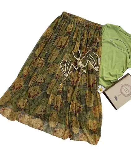 Vtg pleated Floral cottagecore midi skirt Green Size XS