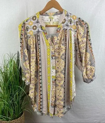 Anthropologie  Fig & Flower Print Button 1/2 length Sleeve Blouse Top S Small