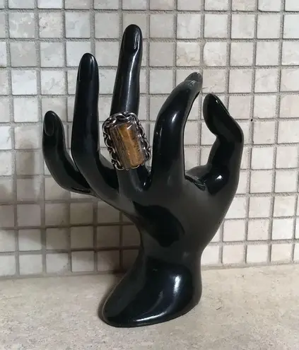 LG TIGERS EYE GEMSTONE RING STERLING SILVER OVERLAY 925 Size 8