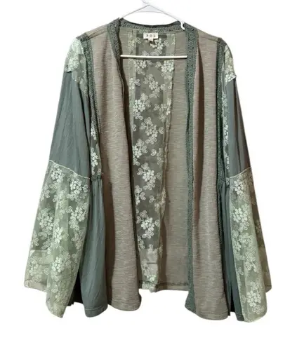 POL Anthropologie Women Sz Large Green Lace Lightweight Boho Open Front Cardigan