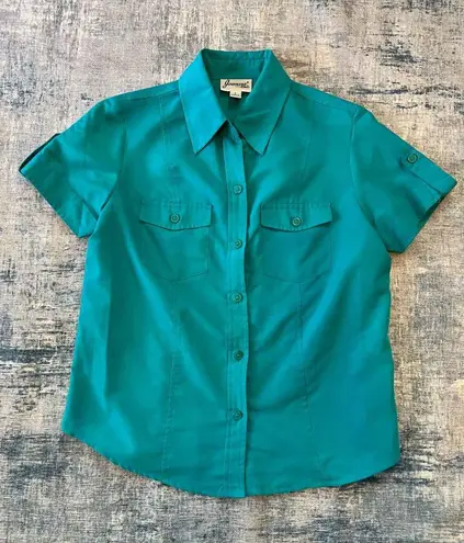 Joanna Vintage Teal Short Sleeve Button Down Shirt Small