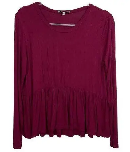 Hooked Up Maroon Ribbed Long Sleeve Peplum Top Large Red